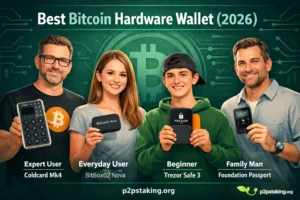 Best Bitcoin Hardware Wallet 2026 infographic showing different user profiles including an expert using Coldcard Mk4, a woman using BitBox02, a beginner with Trezor Safe 3, and a family user with Foundation Passport