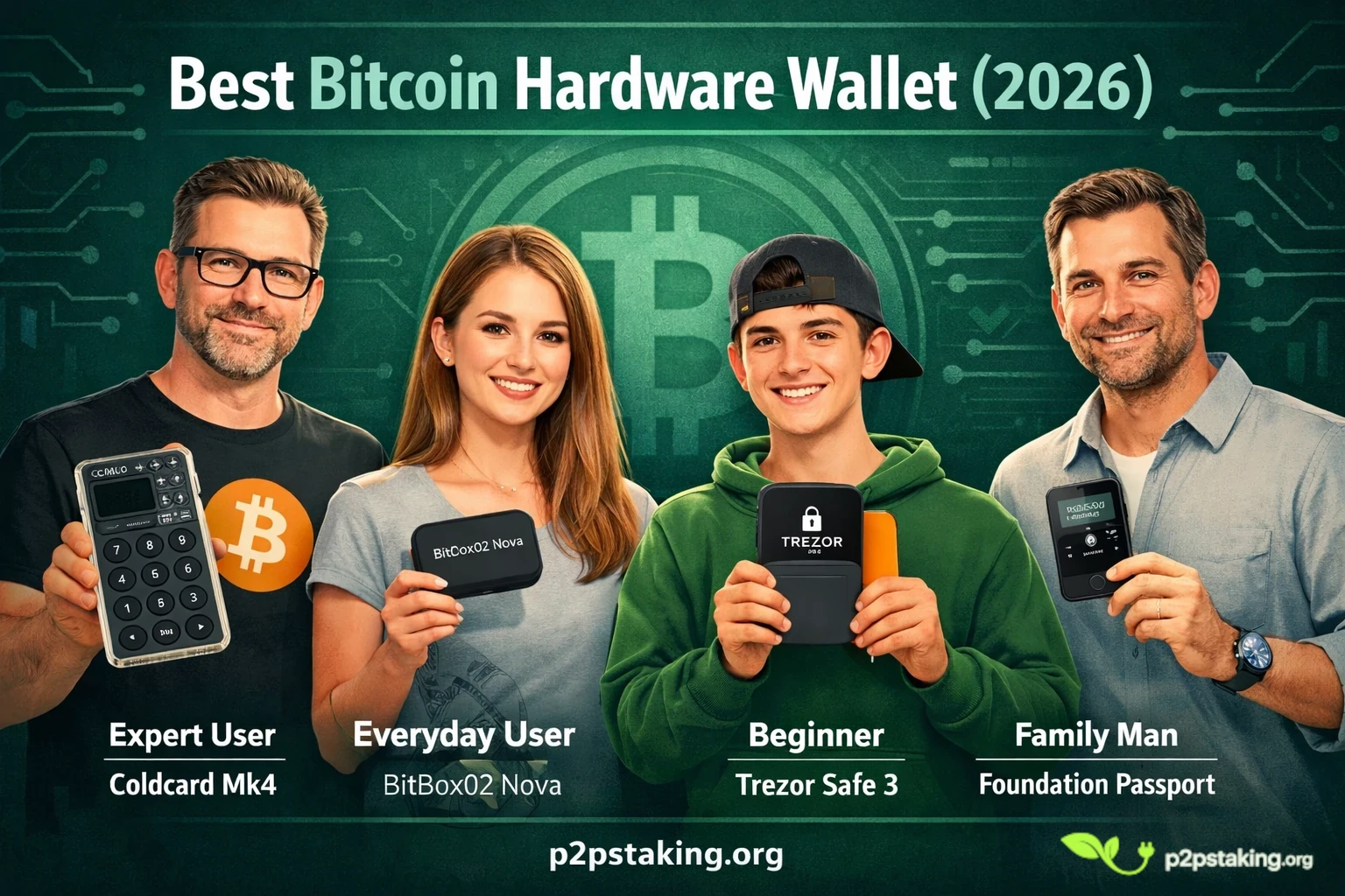 Best Bitcoin Hardware Wallet 2026 infographic showing different user profiles including an expert using Coldcard Mk4, a woman using BitBox02, a beginner with Trezor Safe 3, and a family user with Foundation Passport