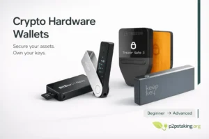 Best crypto hardware wallet for DeFi and multichain infographic showing Ledger Nano X, BitBox02 and SafePal with blockchain networks and crypto ecosystems