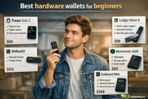 Best hardware wallets for beginners infographic showing a young user comparing Trezor Safe 3, BitBox02, Ledger Nano X, Blockstream Jade and Coldcard Mk4 with features and prices