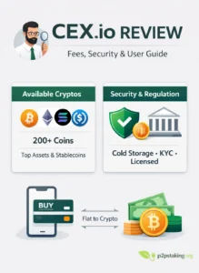 CEX.io review infographic showing fees, security features, supported cryptocurrencies (Bitcoin, Ethereum, Solana, stablecoins) and fiat-to-crypto process in a clean fintech design