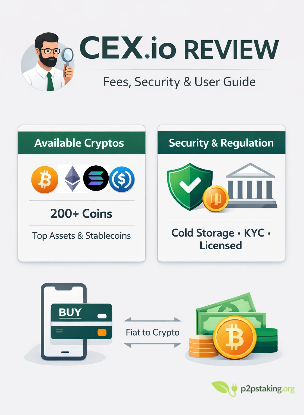 CEX.io review infographic showing fees, security features, supported cryptocurrencies (Bitcoin, Ethereum, Solana, stablecoins) and fiat-to-crypto process in a clean fintech design