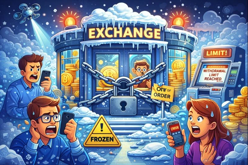 Illustration showing a frozen crypto exchange with locked doors, withdrawal limits reached, and users unable to access their funds during an exchange freeze