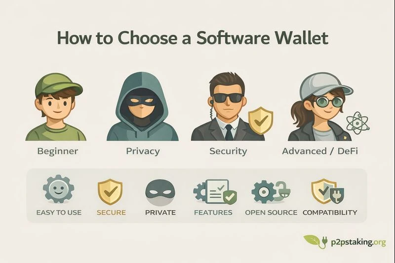 How to choose a software wallet : Illustration showing different crypto user profiles (beginner, privacy-focused, security-focused, and advanced DeFi users) and the key factors to consider when choosing a software wallet, such as ease of use, security, privacy, open source, and features.