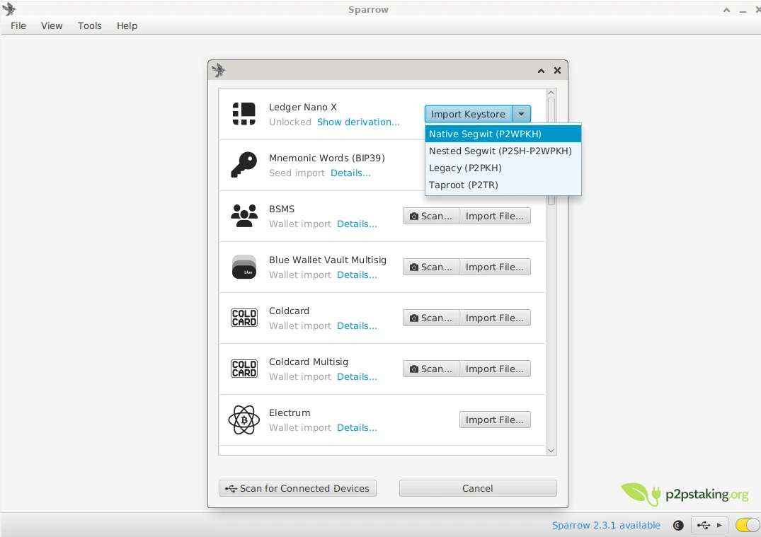 importing a existing ldger nano X accounts on Sparrow Wallet