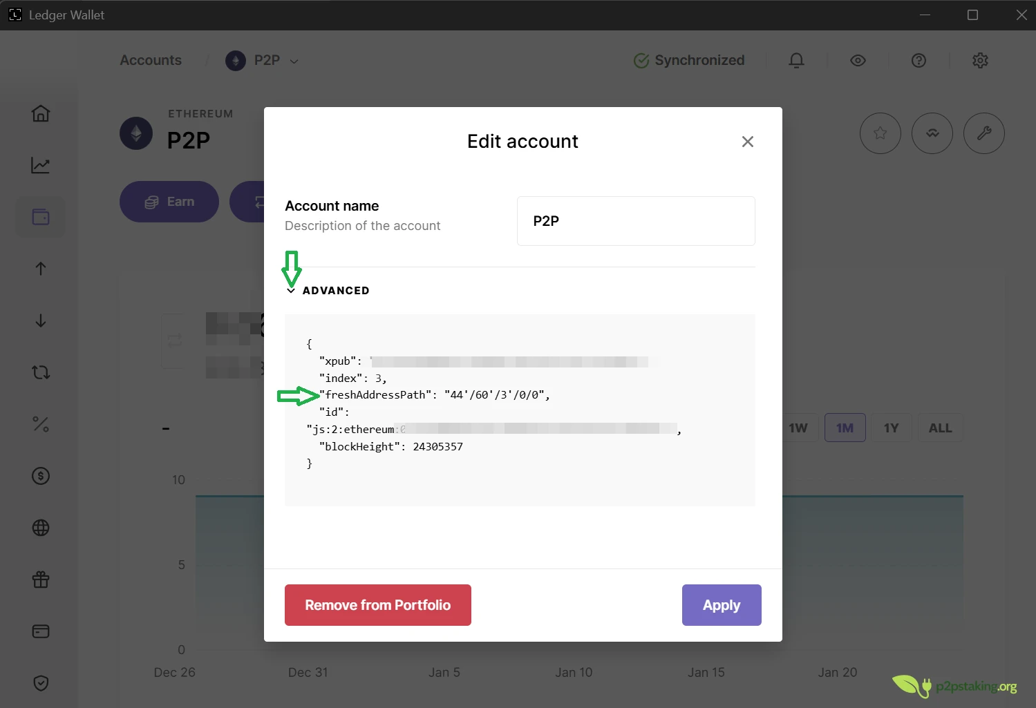 Screenshot showing how to find an account derivation path on Ledger Live app
