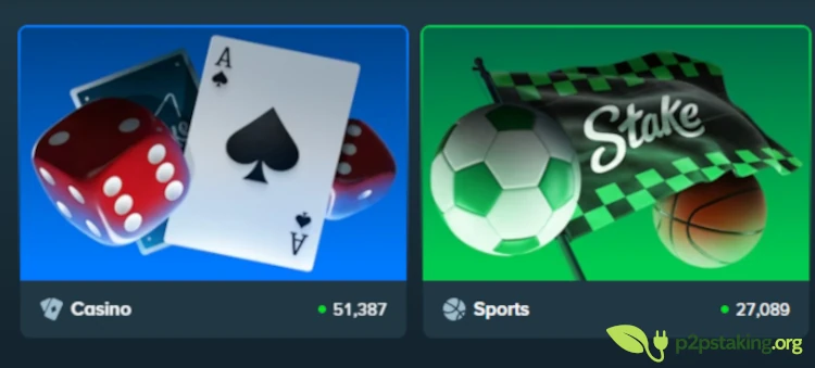 Stake casino and sportsbook interface showing the two main sections of the platform.