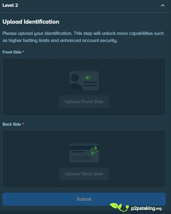 Stake KYC verification level 2 interface showing ID document upload for identity verification.