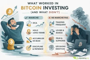 Infographic showing what worked in Bitcoin investing versus what didn’t, contrasting calm long-term strategies like DCA and holding with stressed active trading and leverage.